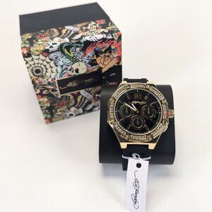 Ed Hardy Mens Gold & Black Watch Rhinestone Bezel & Tattoo-Inspired Box